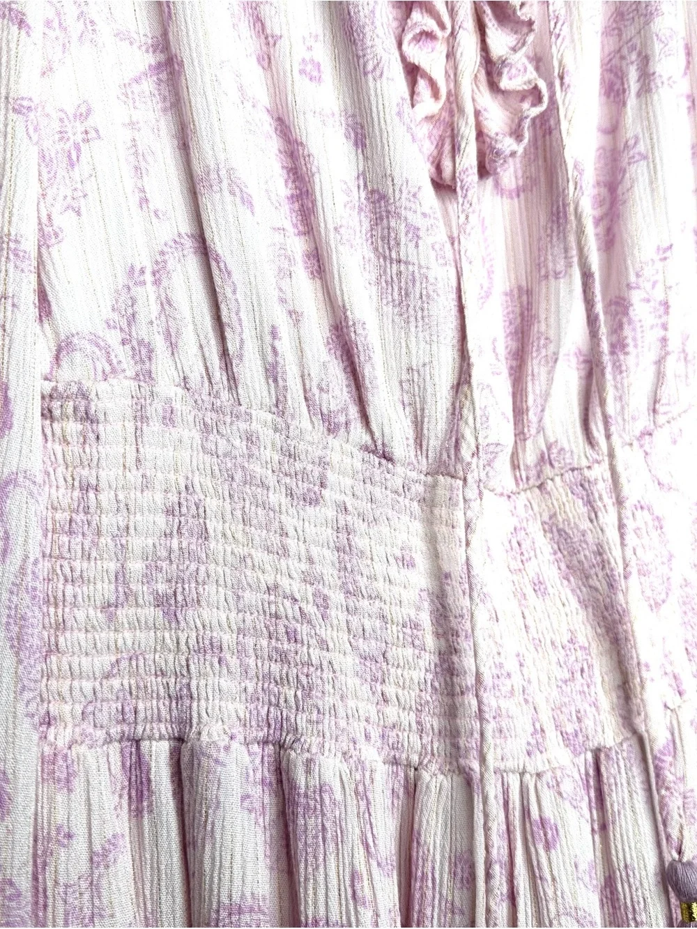 House of Harlow 1960 Boho Paisley Smocked Mini Dress S Lilac Puff Sleeve - Picture 7 of 14